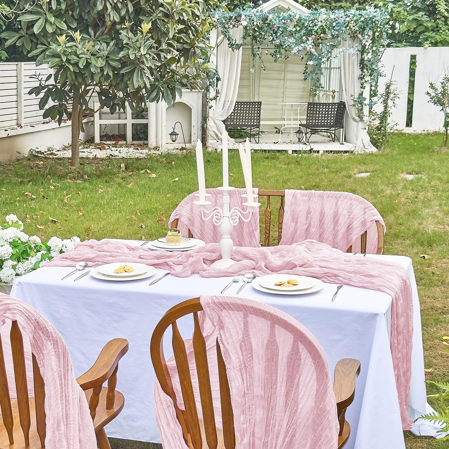 IVAPUPU 2 Pcs Cheesecloth Table Runner - 10ft Pink Boho Gauze Cheese Cloth Table Runners for Baby Shower Decorations Wedding Party Summer Garden Decor