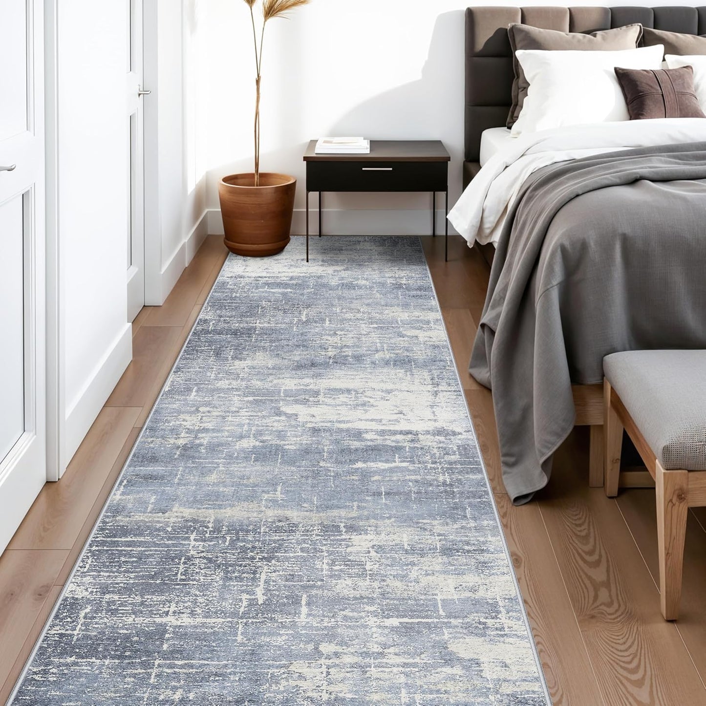Skiennix Washable Abstract 14ft Runner Rug - Non-Slip Low-Pile Soft Carpet for Entryway | Blue/Ivory