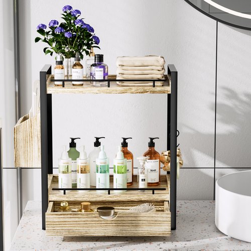 CeleVista 2-Tier Wood Bathroom Counter Organizer, Countertop Organizer with Drawer and Storage Basket, Bathroom Sink Organizer for Vanity, Skincare, Makeup, and Daily Essentials (Light Brown)