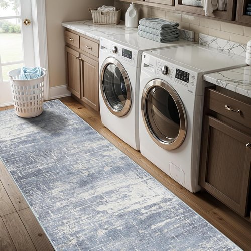**Hallway 2x10 Washable Runner Rug - Abstract Design | Stain Resistant Non-Slip Carpet for Entryway & Living Room (2x10, Blue/Ivory)**
