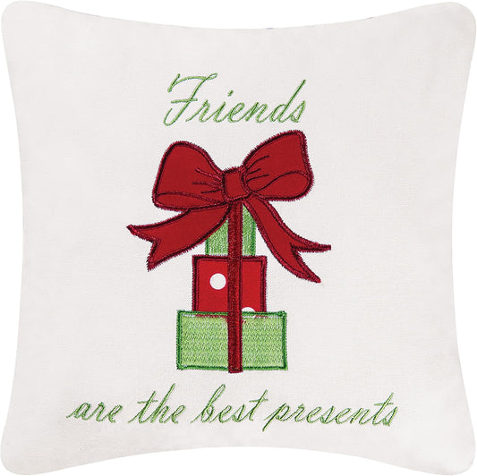 Embroidered Accent Pillow - 10" x 10" Friends Are The Best Presents - Festive Winter Holiday Decor for Sofa, Couch, Chair, Bed