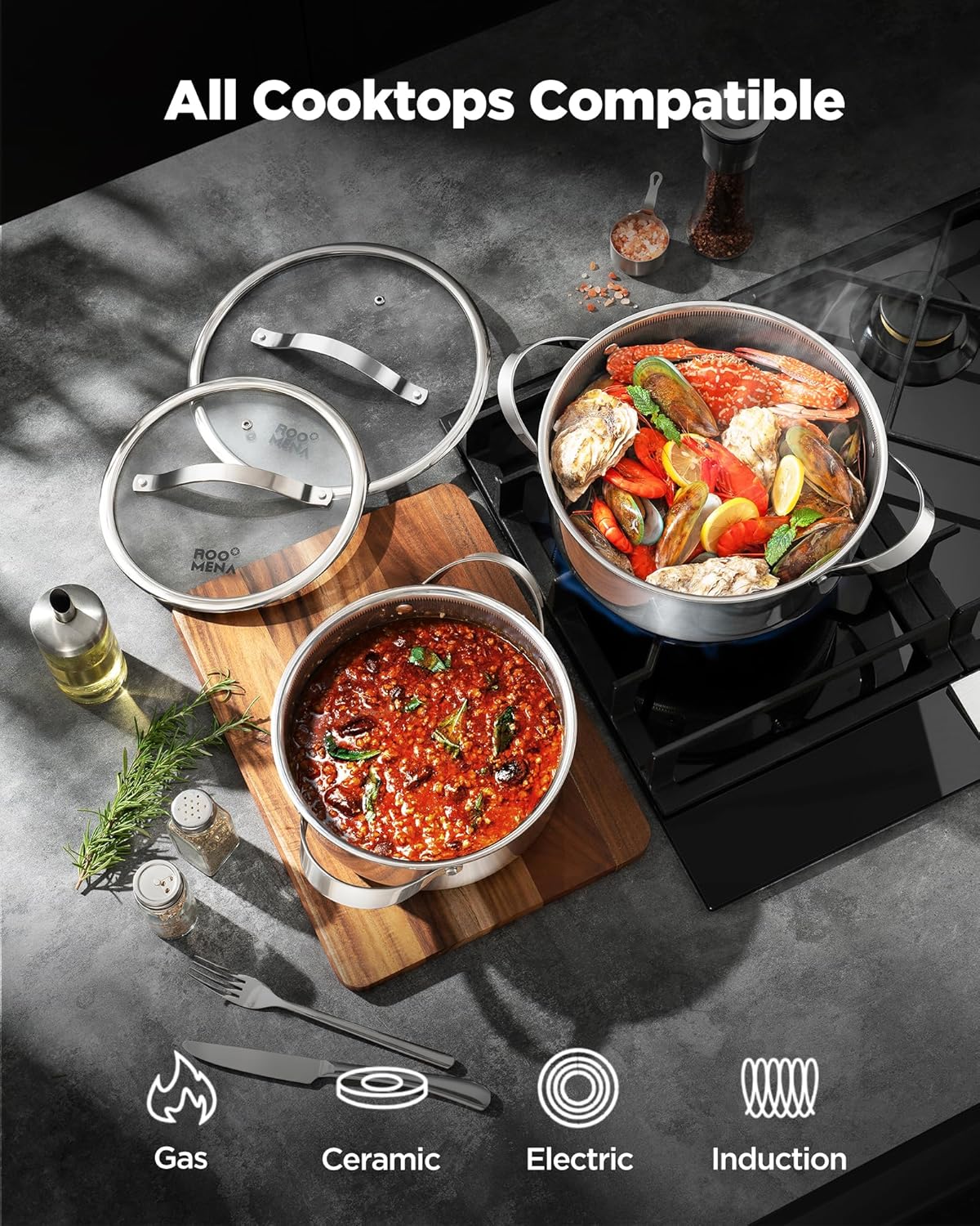 Skiennix 17PC Hybrid Stainless Steel Cookware Set - Nonstick Tri-Ply, Dishwasher & Oven Safe, PFOA-Free