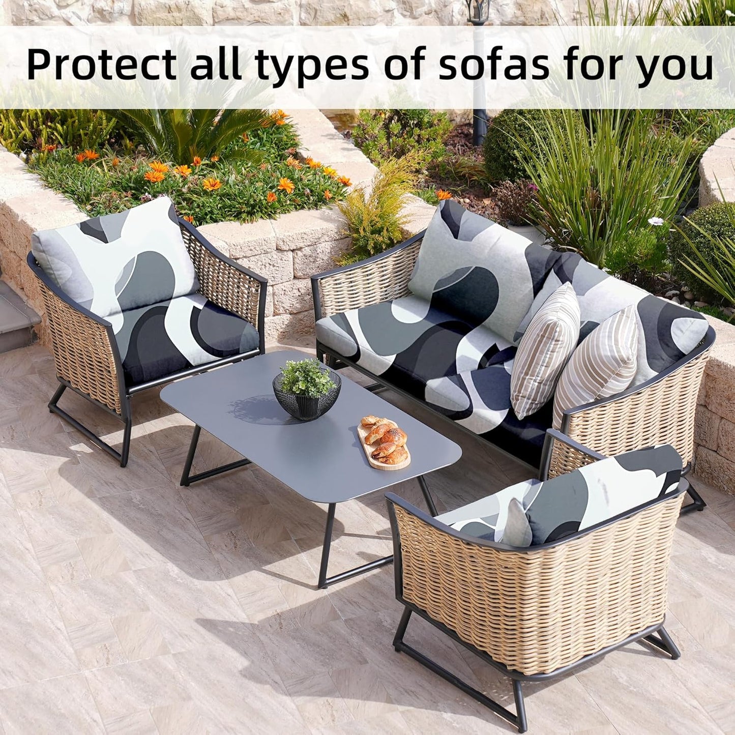 Skiennix 8-Piece Stretch Patio Cushion Covers - Washable Black Camouflage Slipcovers for Outdoor Furniture
