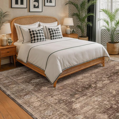 Hazo Haus Brown 9x12 Living Room Rug - Vintage Western Eclectic Design | Washable Low Pile Non-Slip Area Rug