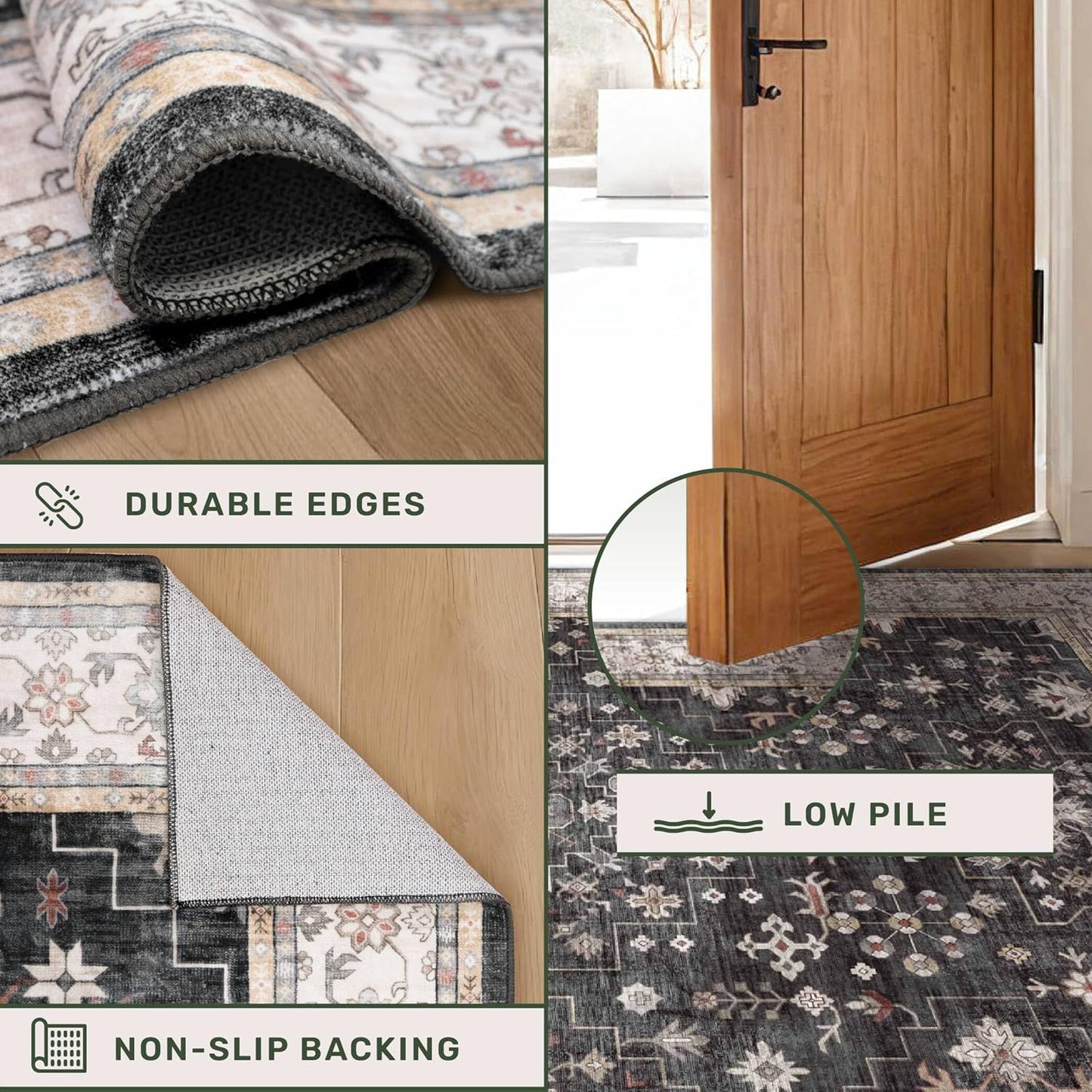 Skiennix Black Boho Washable Entry Rug - Non-Slip, Stain & Fade Resistant | 3x4 Indoor Door Mat