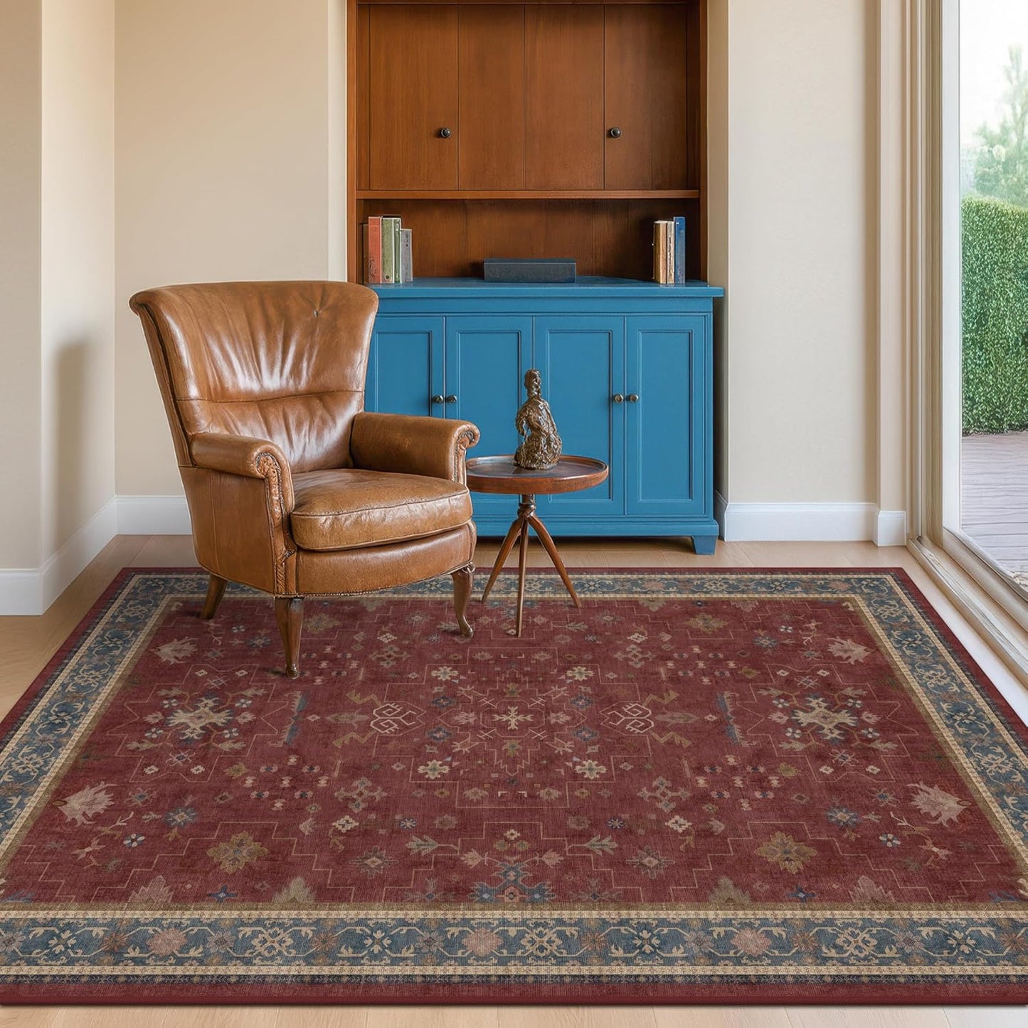 Turkish 4x6 Area Rug - Washable, Stain Resistant, Non-Slip | Unique Victorian Art Deco in Maroon & Burgundy