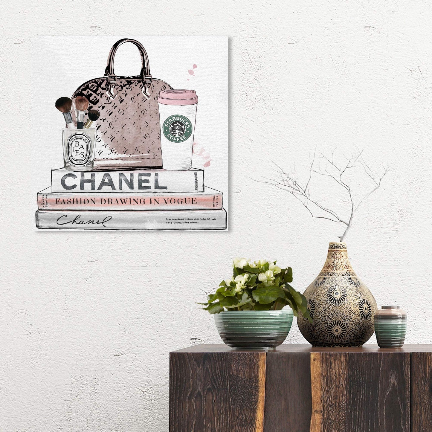 The Oliver Gal Artist Co. Blush and Make Up Brush | Modern Premium Canvas Print The Fashion Wall Art Decor Collection, 16" x 16", Pastel Pink