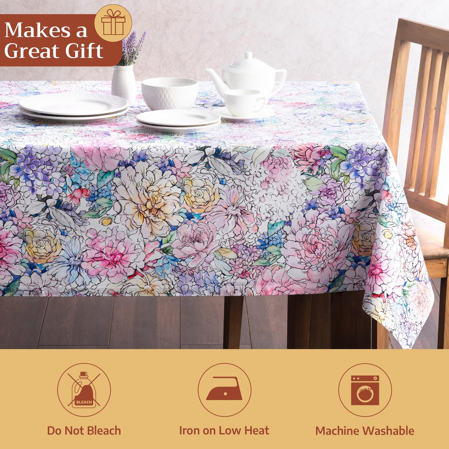 Maison d' Hermine Table Cloth Square Table 100% Cotton 54 x 54 Inches Tablecloth Reusable Decorative for Dining Kitchen Room Farmhouse Home Gifts for Mothers Day Spring Summer - Floral Love