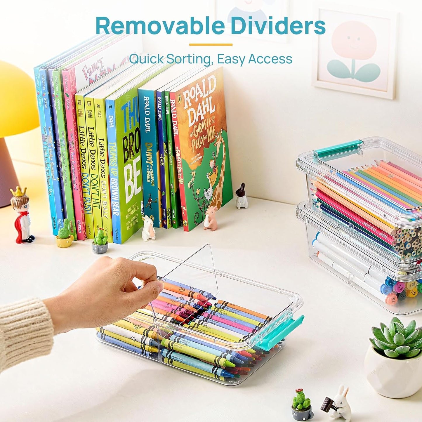 Vtopmart Clear Pencil Box - 4 Pack 1.5Qt Plastic Organizer with Removable Divider | Stackable Storage for Art Supplies