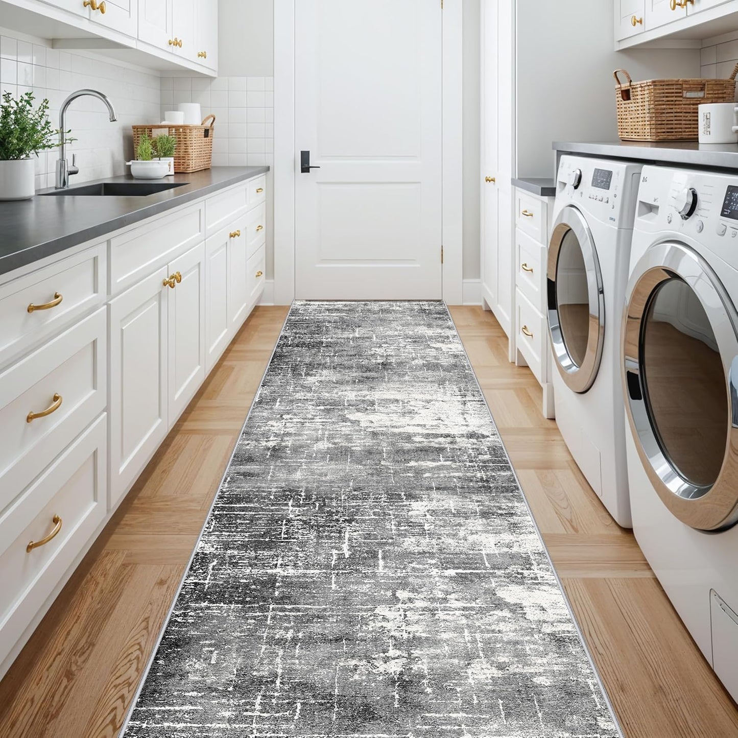Skiennix Abstract 14ft Long Runner Rug - Non-Slip, Washable, Low-Pile | Soft Black/Grey Indoor Mat