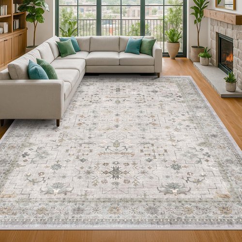 Hazo Haus Boho Light Grey Area Rug - Modern Vintage Floral Design | Washable 8x10 Non-Slip Extra Large for Living Room & Dining Room