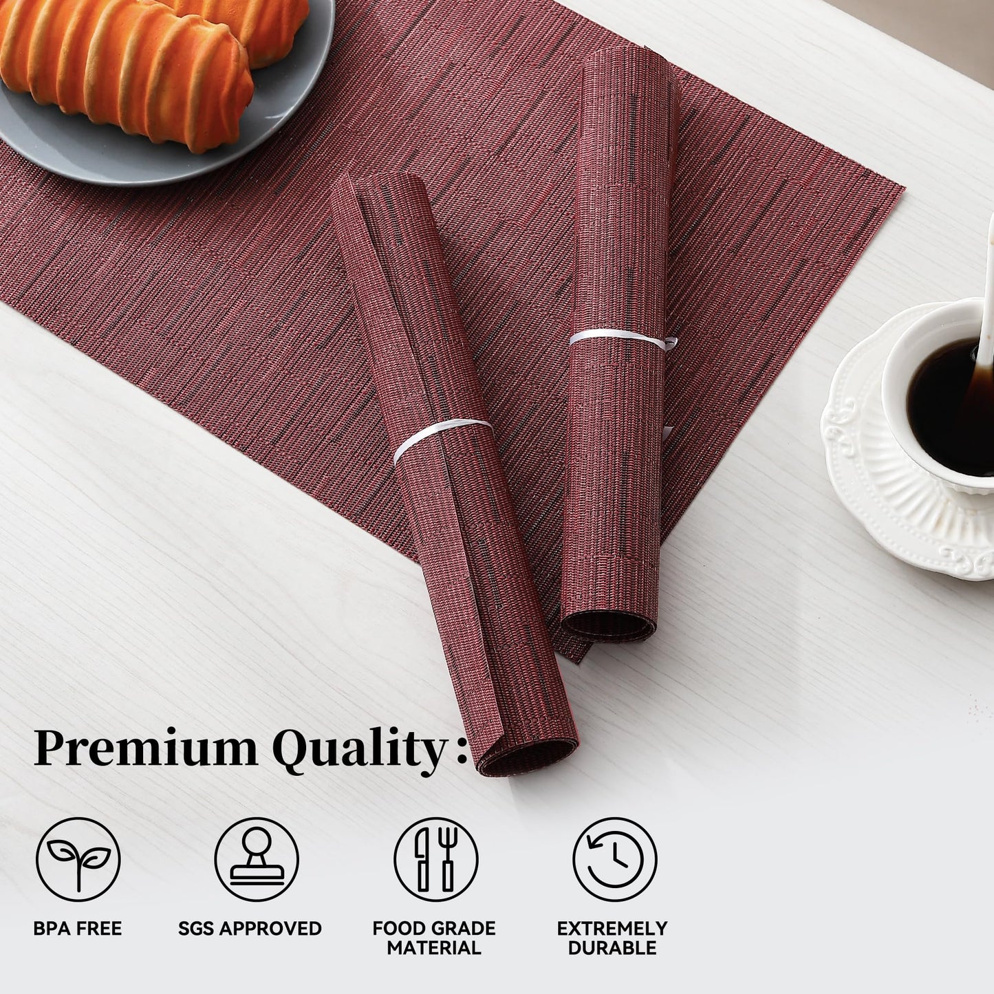 Leetaltree Burgundy Placemats Set of 12 - Heat Resistant Non-Slip Place mats for Dining Table, Washable Durable PVC Vinyl Woven Table Mats（Burgundy, 12）