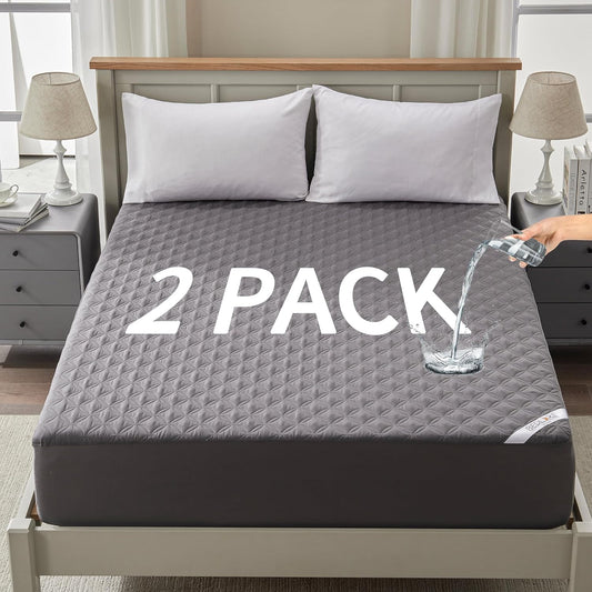 Skiennix Waterproof Mattress Protector - Queen Size, Noiseless & Breathable, Deep Pocket Design | Gray, 2 Pack