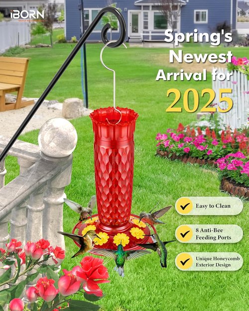iBorn Hummingbird Feeders - 16oz Outdoor Hanging Feeder with 8 Bee Guards & Ant Moat | Red Honeycomb Design