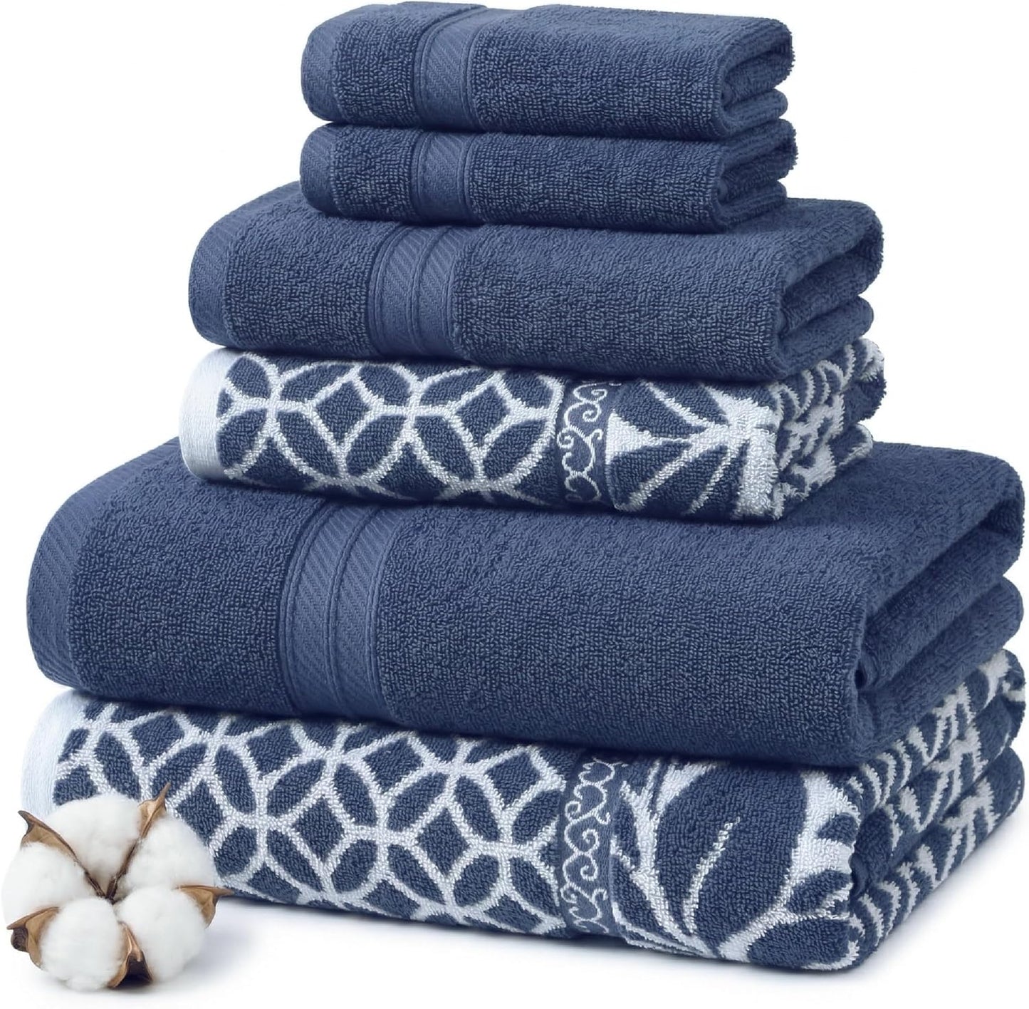 Modern Threads 100% Cotton Towel Set | 6-Piece Reversible Yarn Dyed Jacquard - Soft, Absorbent & Quick Dry - Navy