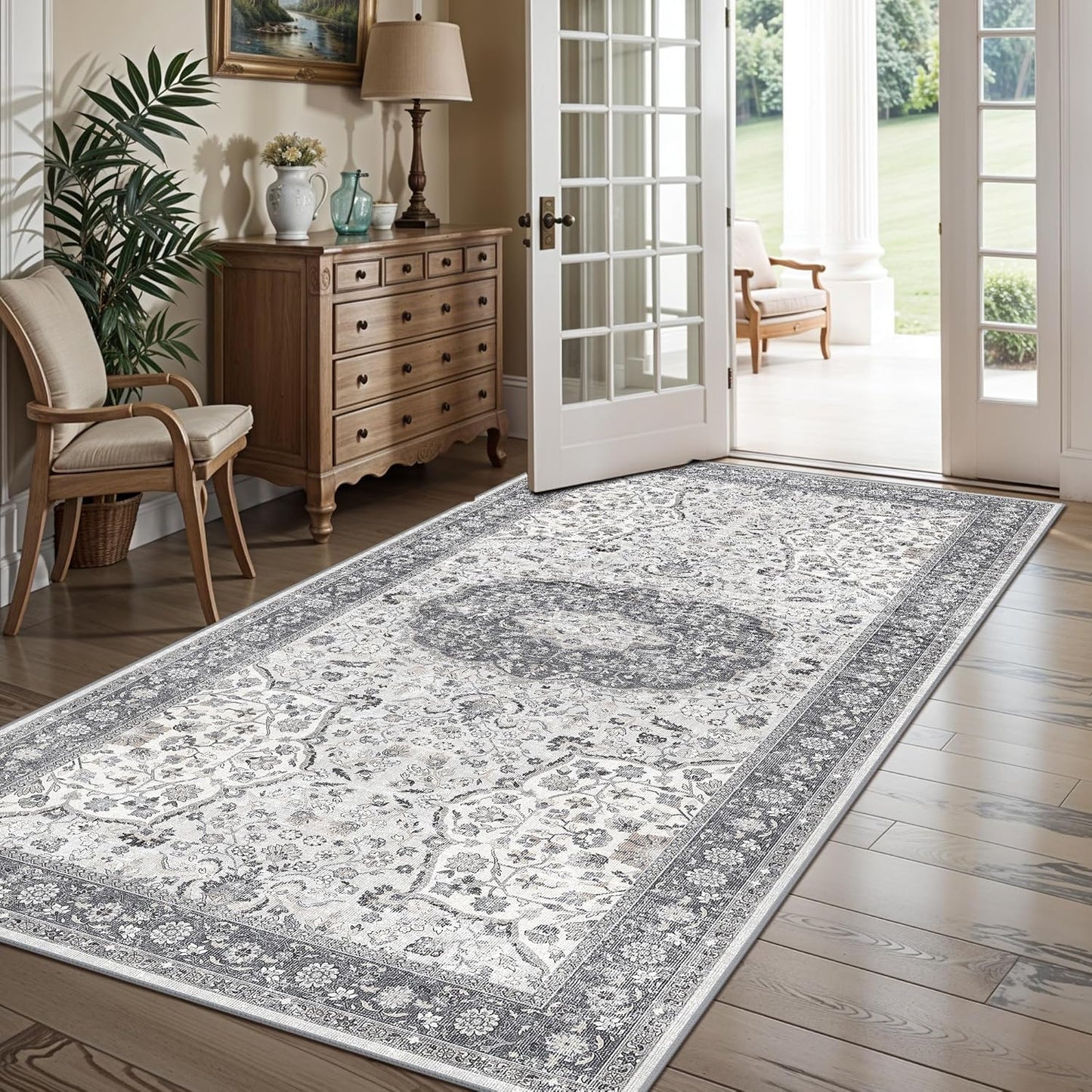 Regine Switzerland Washable Runner Rug - Stain Resistant Oriental Design | 4x8 Feet, Grey for Entryway & Kitchen
