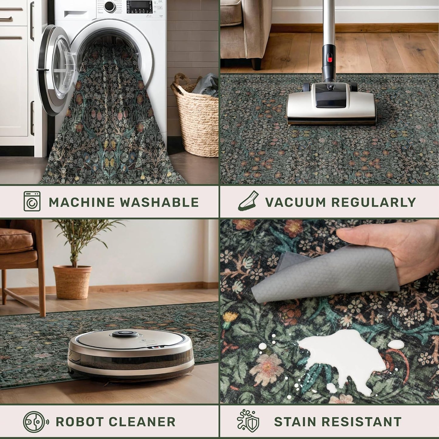 Skiennix 8ft Non-Slip Hallway Runner - Washable Rubber Backing, Stain Resistant | Vintage Floral Dark Green & Black