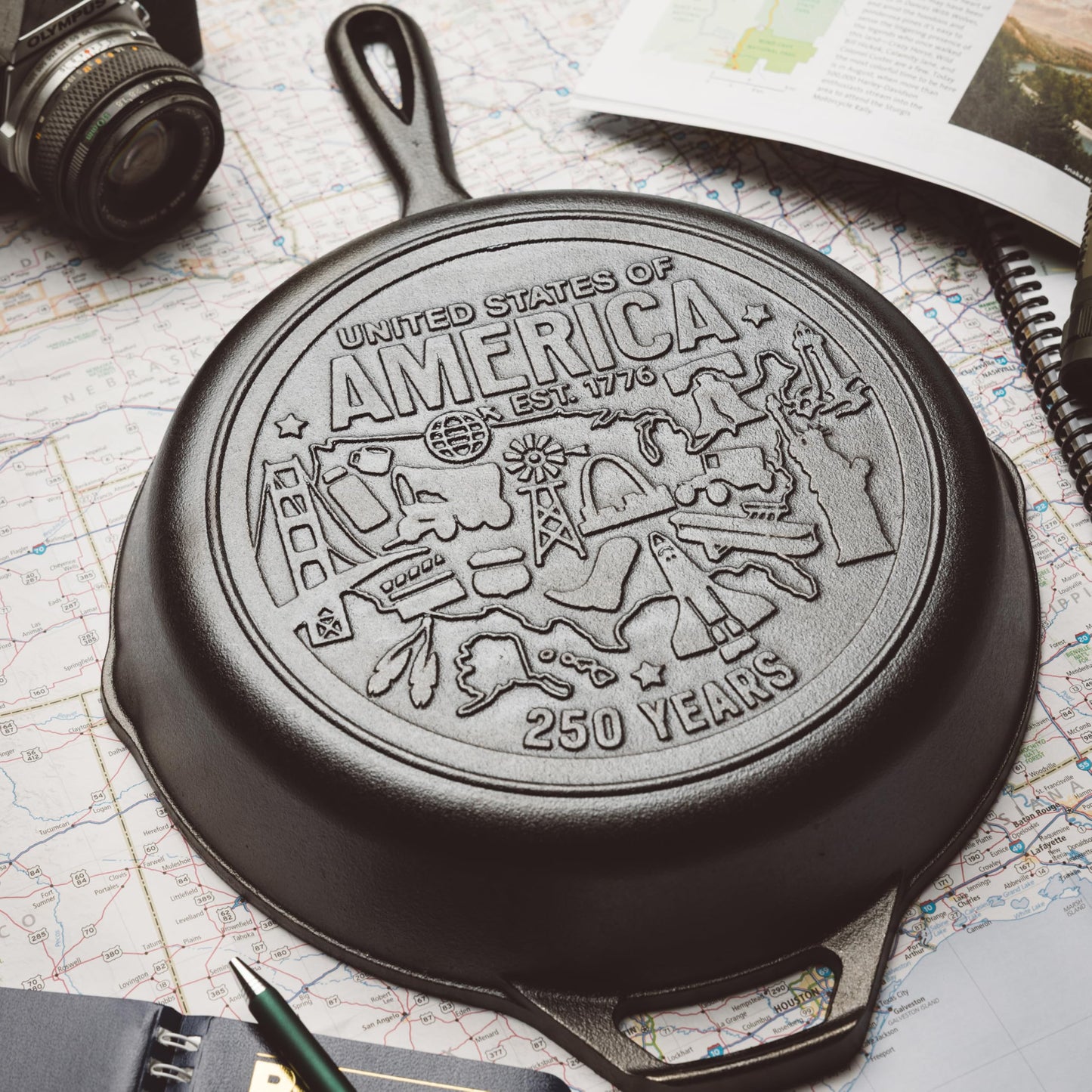 Lodge 10.25 Inch Cast Iron Skillet – Pre-Seasoned Frying Pan with Teardrop Handle – Oven, Stovetop, Grill & Campfire Use – Made in USA – Non-Toxic, Even-Heating Cookware – 250th Anniversary Logo