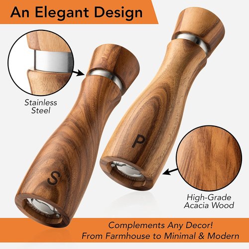 Gennua Wooden Salt and Pepper Grinder Set - Refillable Acacia Mills with Adjustable Coarseness | 8 Inches Each