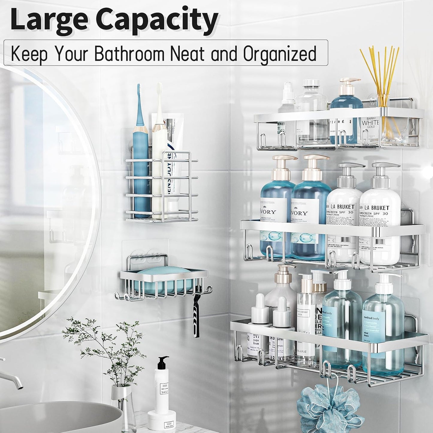 Liuoud Shower Caddy Organizer - Rustproof Stainless Steel Wall Storage Basket Set | 10 Pack, Silver