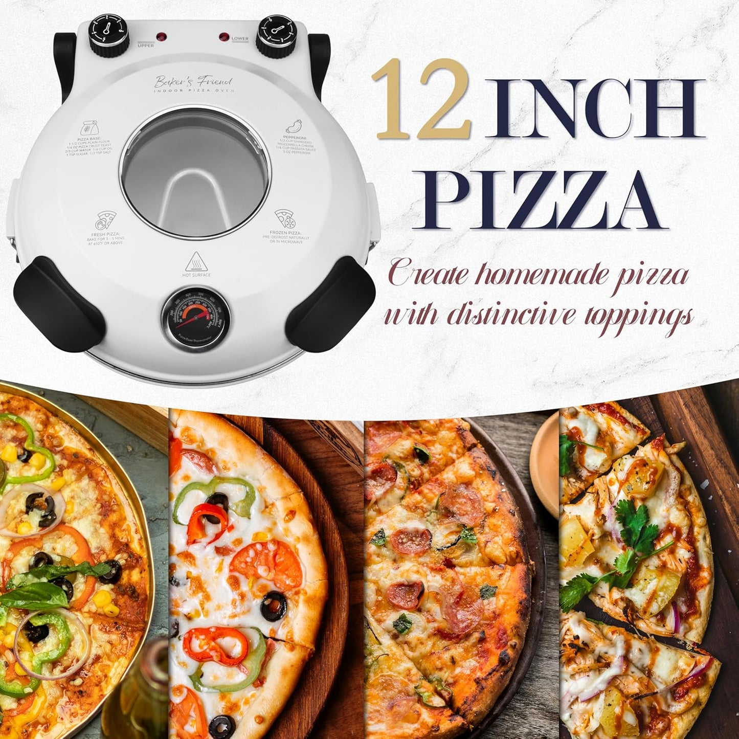 Baker's Friend Electric Pizza Oven - 12-Inch Indoor Countertop Cooker with Premium Ceramic Stone - Creamy White
