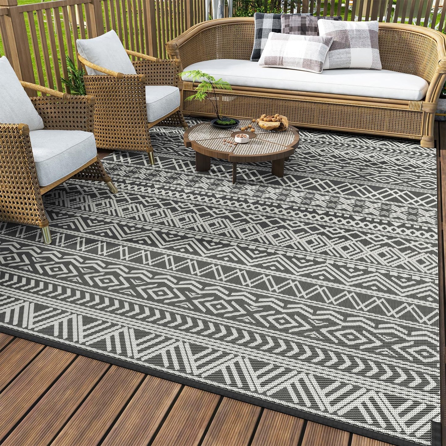 MontVoo Outdoor Rug - Waterproof Reversible 5x8 Patio Mat for RV, Camping, Beach, Boho Grey