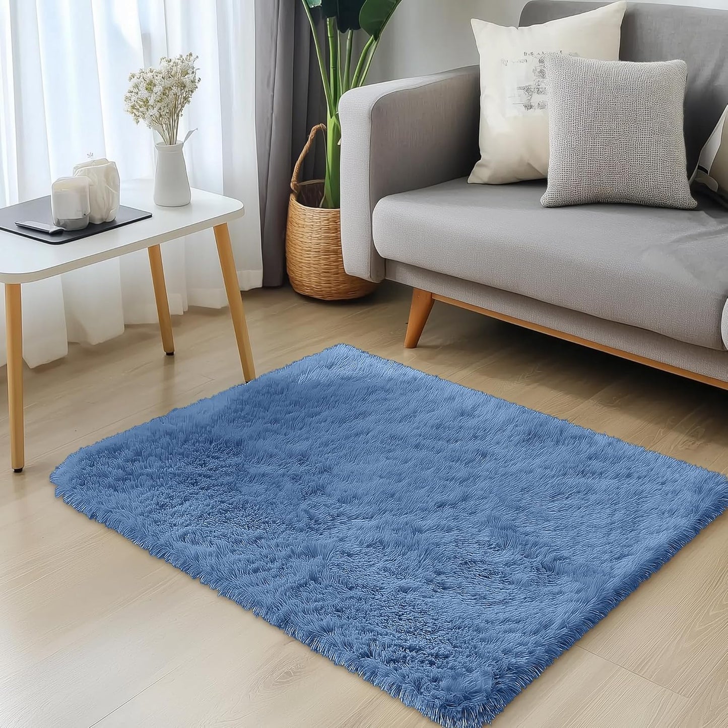 OLANLY Soft Fluffy Shaggy 3x5 Bedside Rug - Machine Washable Indoor Carpet for Kids & Nursery | Blue
