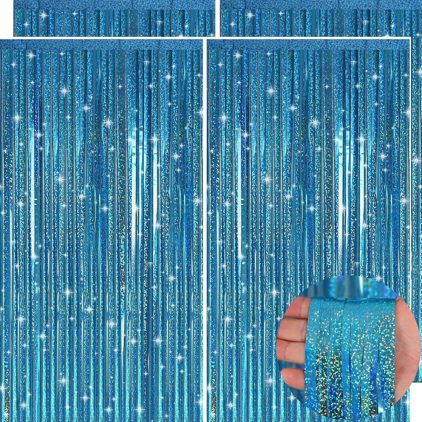 Picoway Blue Laser Foil Fringe Tinsel Backdrop Curtains - 4 Pack for Ocean-Themed Parties & Events