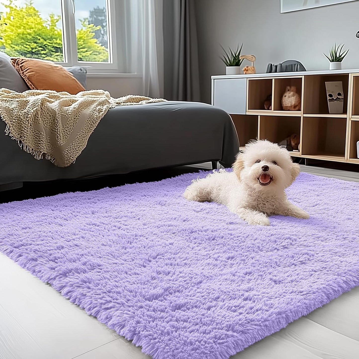 OLANLY Soft Fluffy 3x5 Machine Washable Bedside Rug - Light Purple Shaggy Carpet for Kids & Nursery