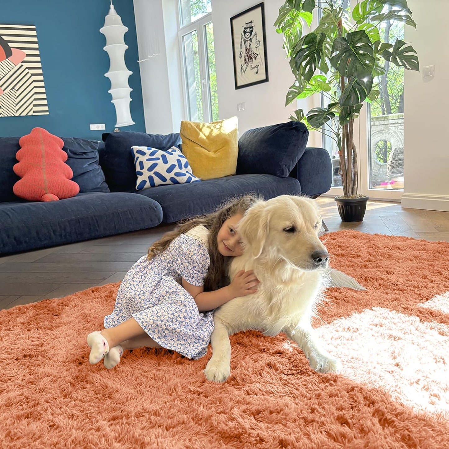 OLANLY Small Bedside Rug - Soft Fluffy Shaggy Carpet for Living Room & Bedroom | Muted Orange, Machine Washable