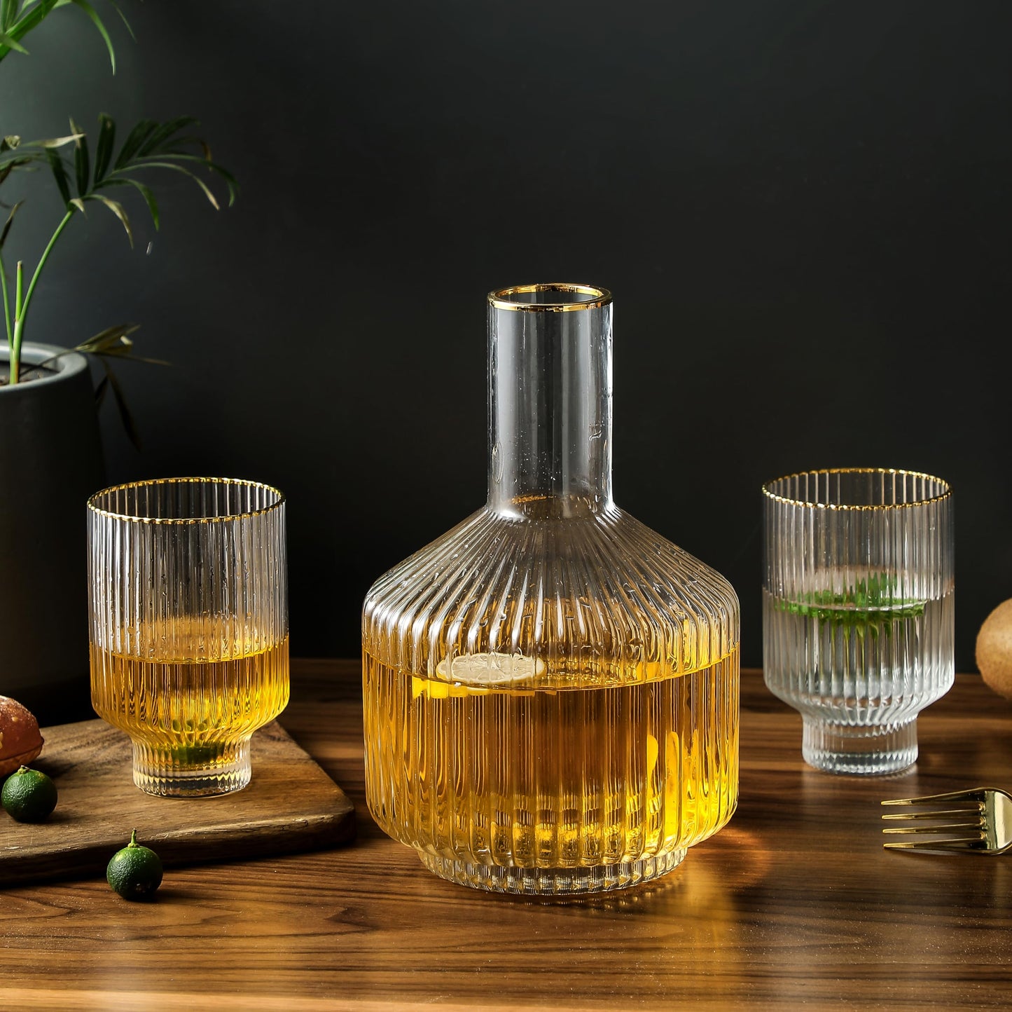 1500° C TABLETOP Bedside Water Carafe and Drinking Glass, 59 oz Carafe 2 Tumblers 13 oz, Mouthwash Decanter With Gold Rim Bedside Glass Set for Nightstand, Gifts