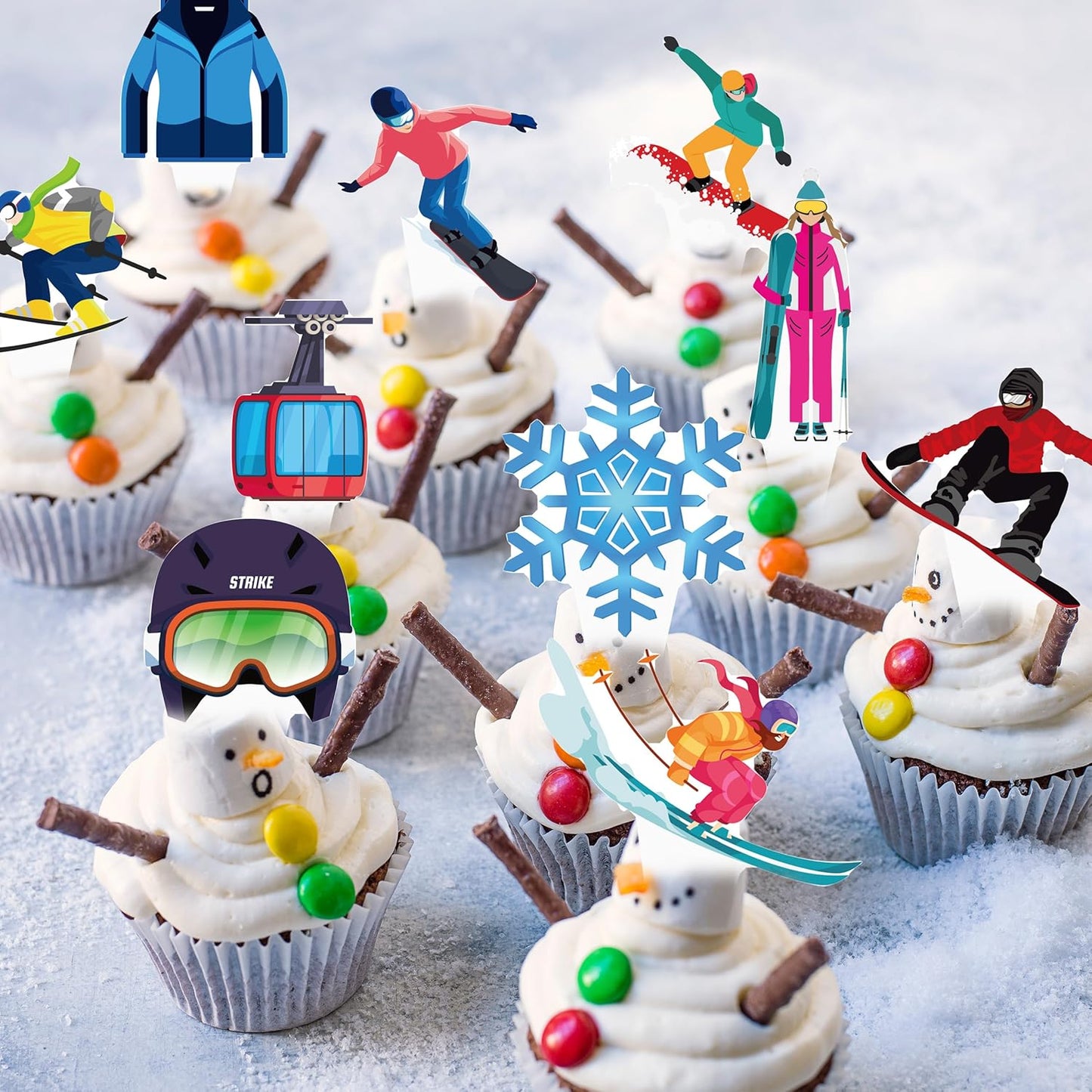 Skiennix Skiing Party Cupcake Toppers - 48 Pcs Winter Decorations for Birthday & Baby Showers