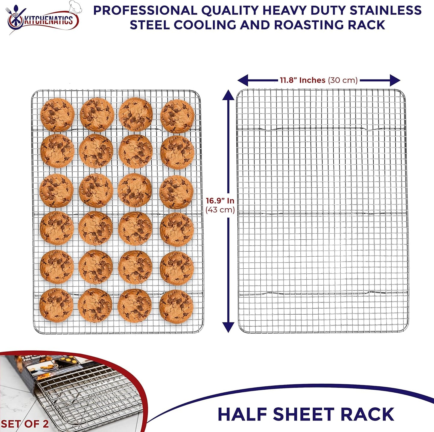 KITCHENATICS Stainless Steel Cooling Racks - Heavy-Duty Baking & Roasting Grids | Fits 13x18 Half Sheet Pans | Oven-Safe to 575°F, Set of 2