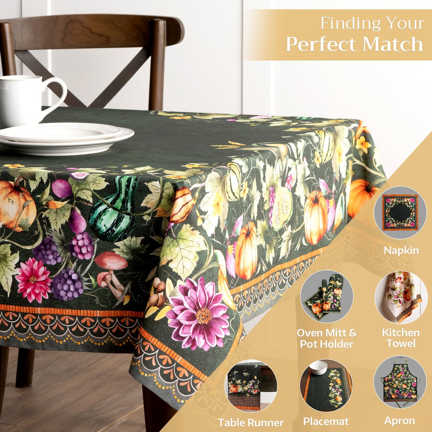 Maison d' Hermine Table Cloth Rectangle Table 100% Cotton 70 x 90 Inches Fall Tablecloth Reusable Everyday Use for Thanksgiving Christmas Decorations Dining Farmhouse (Pumpkin Garden - Dark Green)