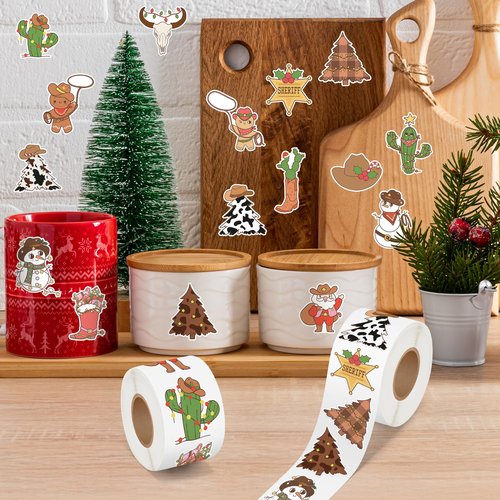 CNhoqc Christmas Cowboy Sticker Rolls - 1000Pcs Cartoon Western Cowboy Stickers, Cactus Snowman Santa Claus Design, Fade-resistant Vinyl Decals for Kids Boys Water Bottle Christmas Gift Party Supllies