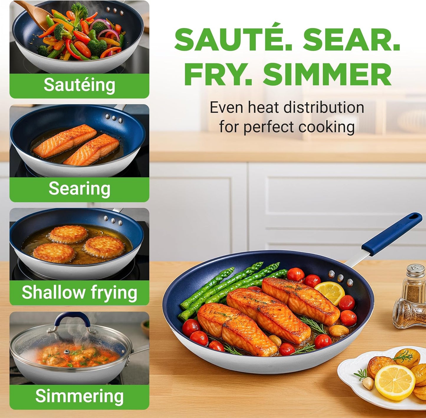 NutriChef 12" Nonstick Fry Pan with Lid - Stain-Resistant Ceramic Coating & Blue Silicone Handle
