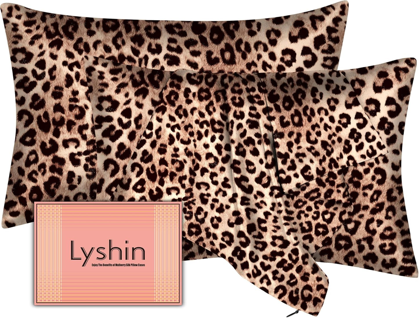 Skiennix Mulberry Silk Pillowcases - King Size 2-Pack with Hidden Zipper | Soft, Breathable & Cooling - Leopard Brown