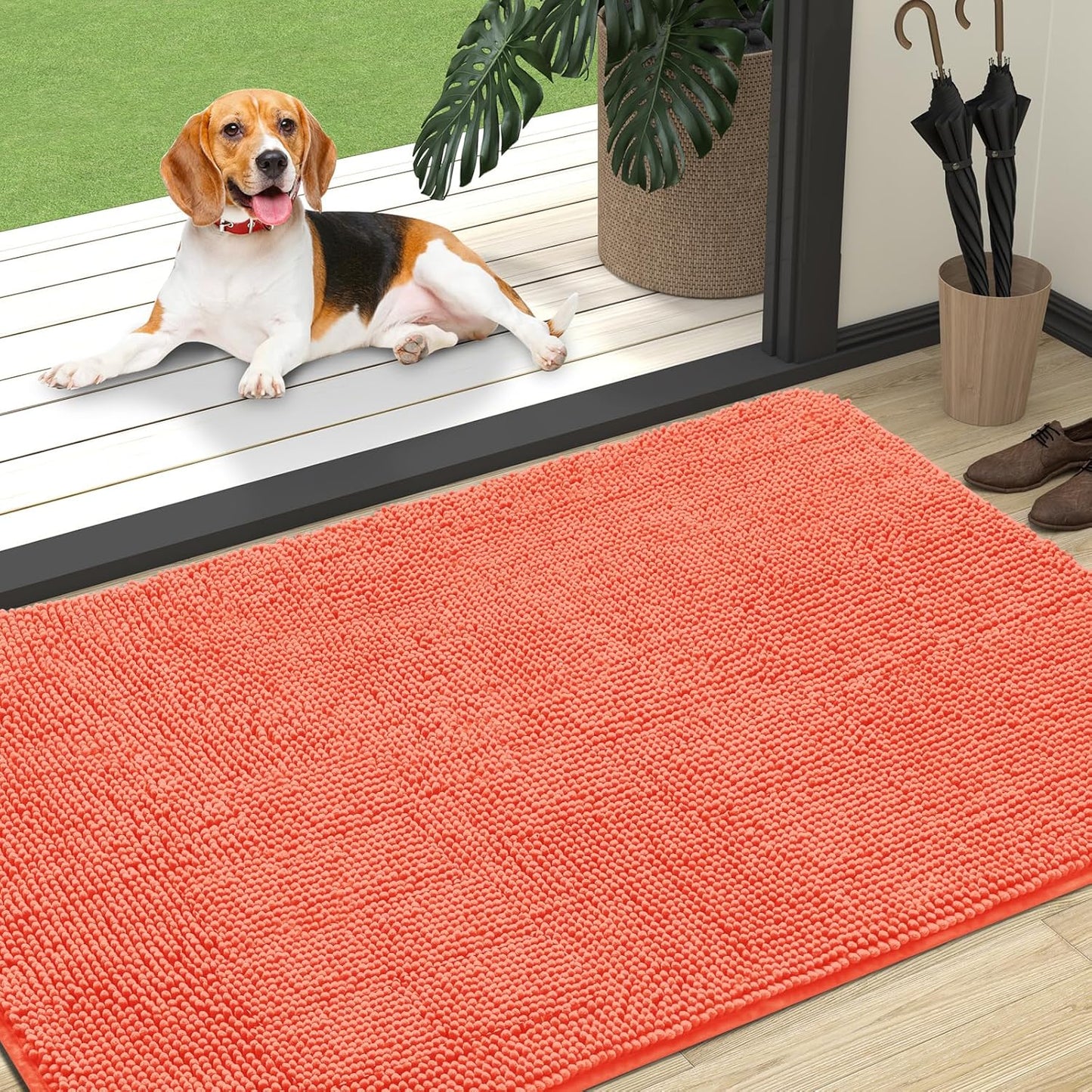 OLANLY Dog Door Mat - Absorbent Non-Slip Chenille Mat for Muddy Paws | 47x32 Coral Indoor Carpet