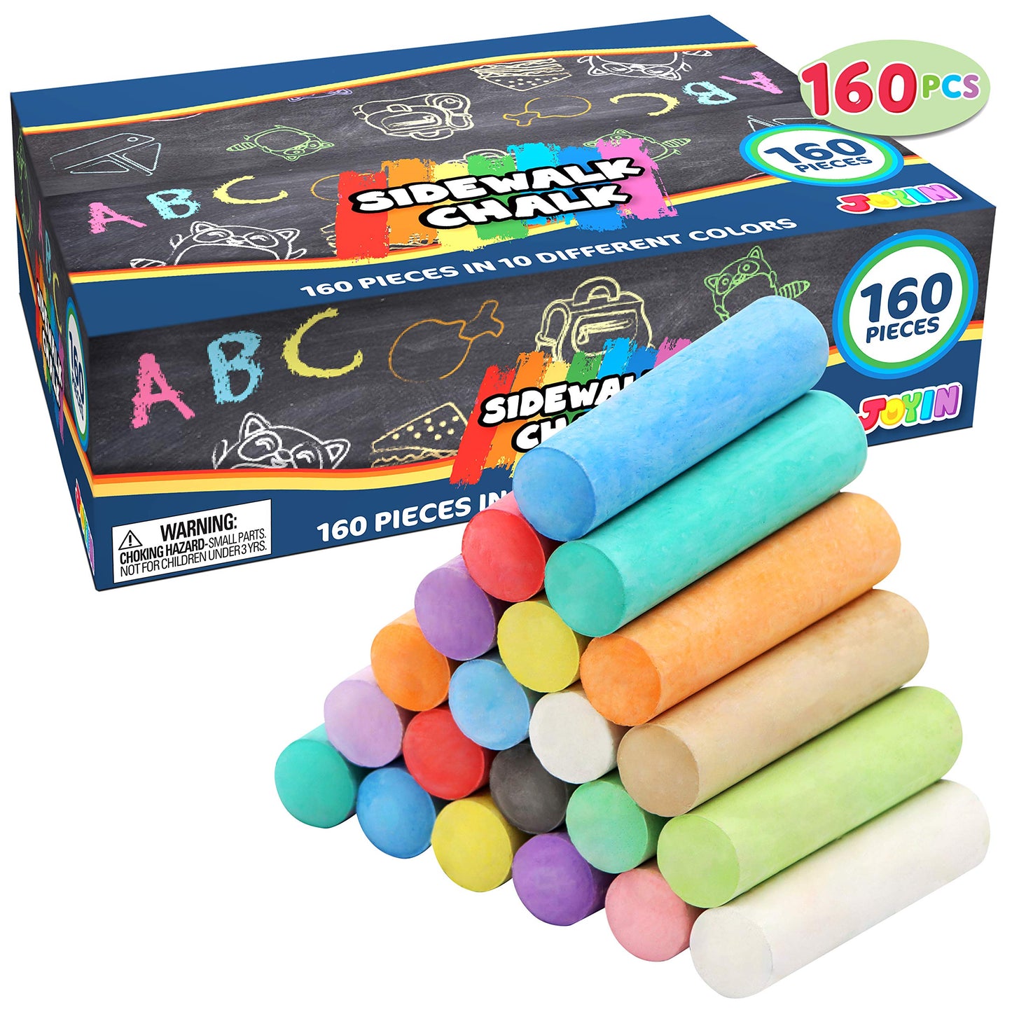 JOYIN 160 PCS Sidewalk Chalks Set-16 Colors Non-Toxic Washable Jumbo Chalk for Outdoor Art Play, Painting on Chalkboard, Blackboard and Playground