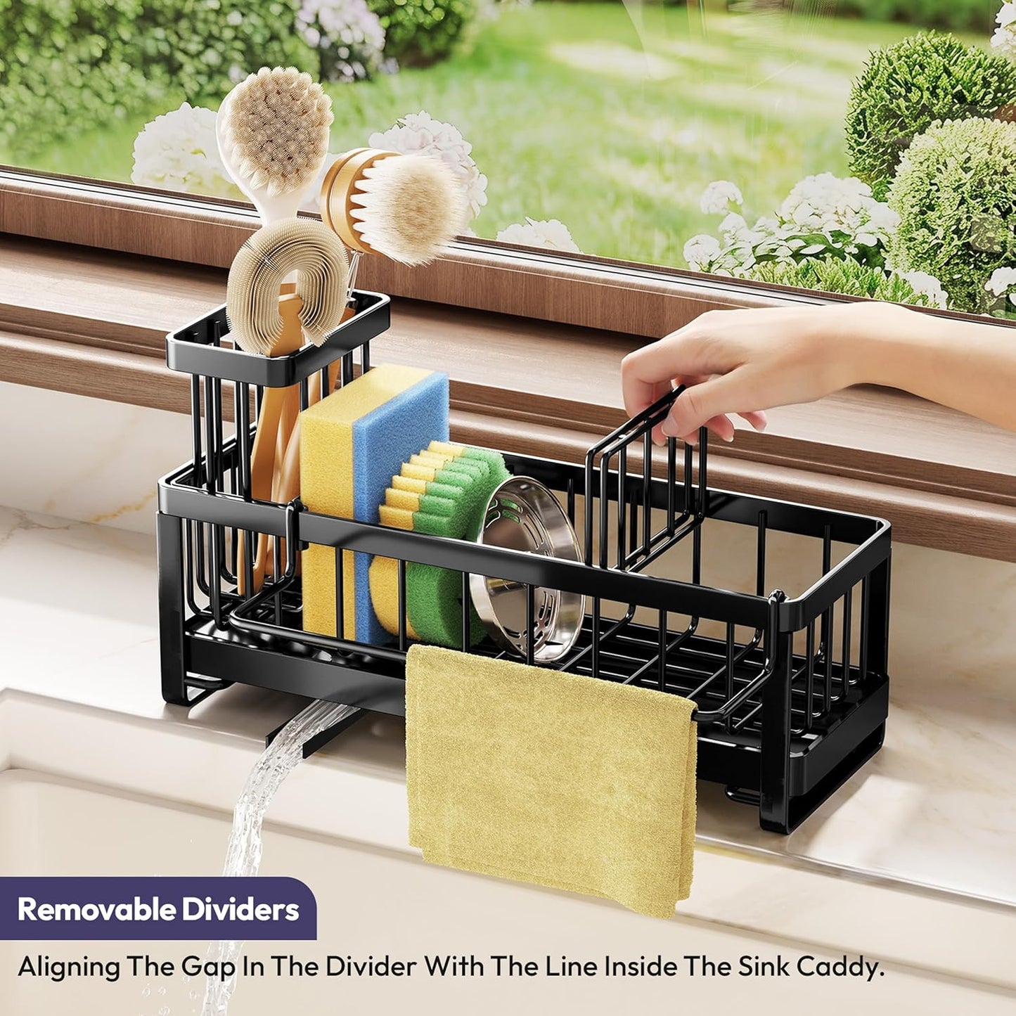 SWTYMIKI Sponge Holder - Self-Draining Kitchen Sink Caddy with Brush Holder | Black Stainless Steel Organizer