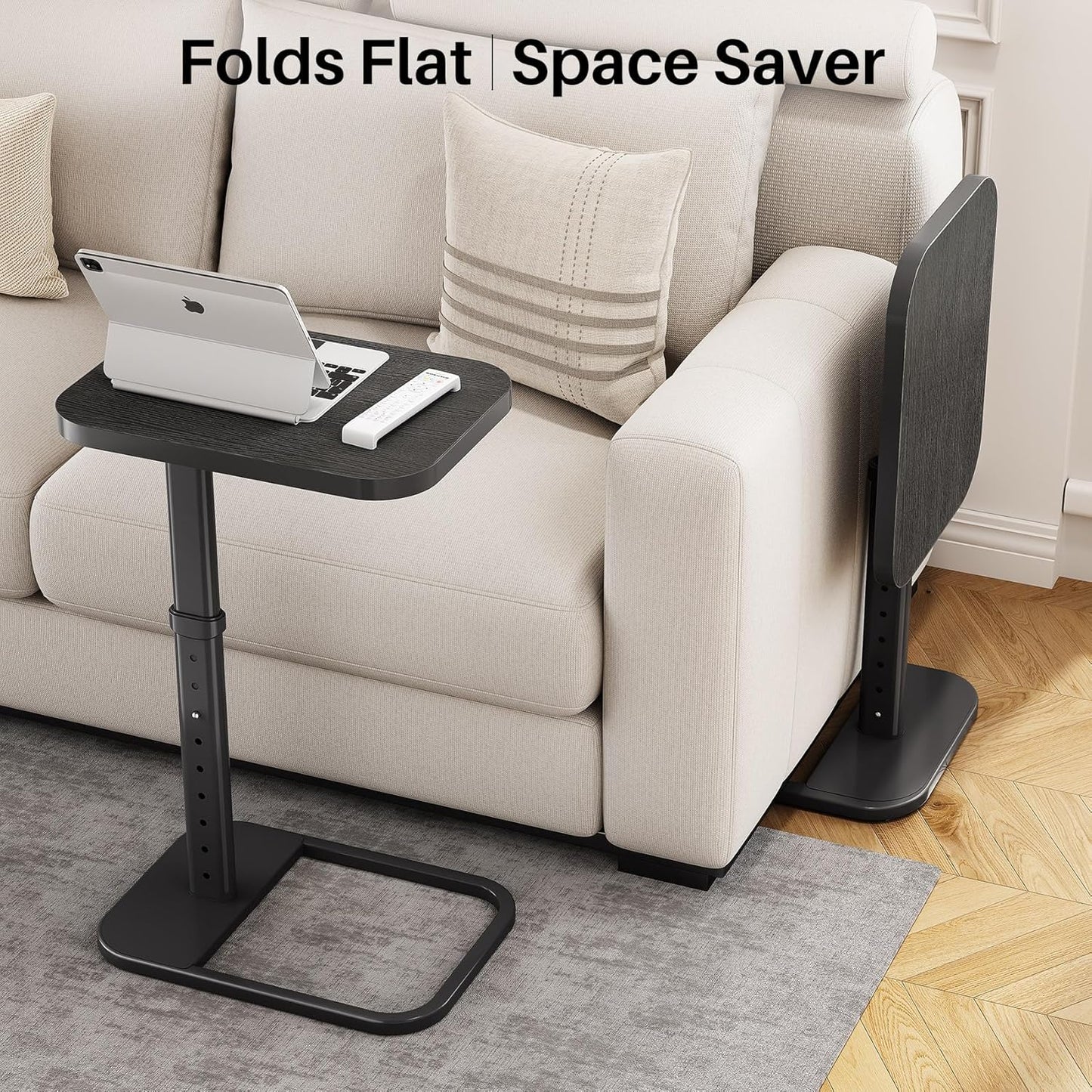 Kitstorack TV Tray Table - Adjustable Height Snack Table with Rounded Metal Corners | Black C-Shaped Design for Couch, Sofa, or Bed