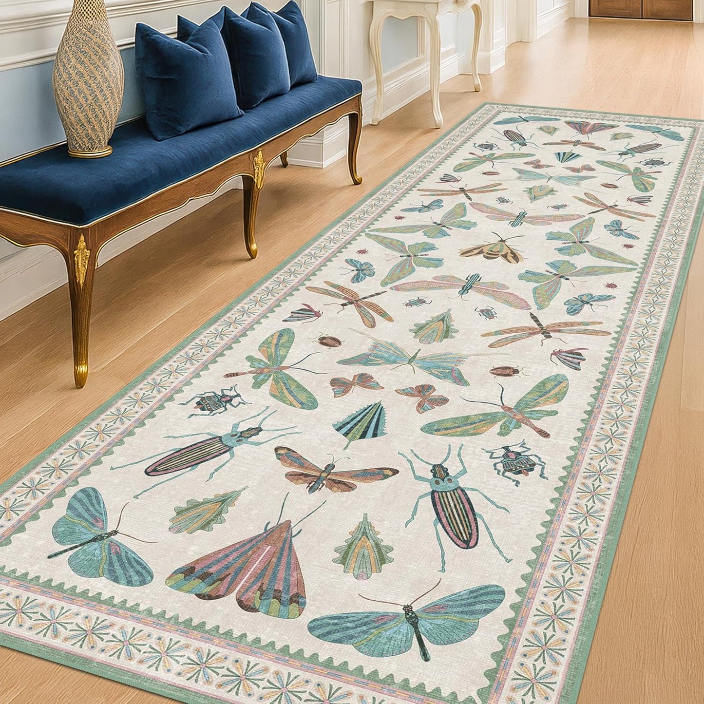 Skiennix Insect Print 8ft Hallway Runner Rug - Light Green, Washable Non-Slip Design for Entryways