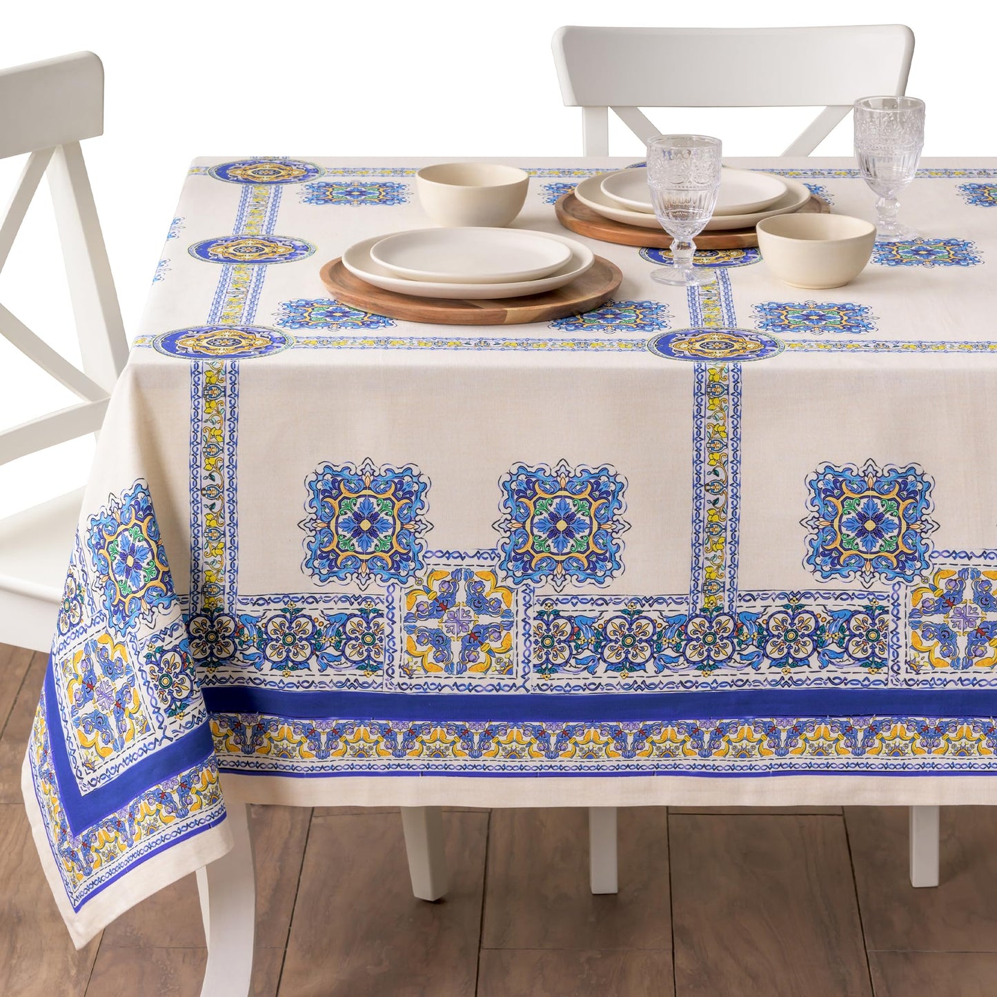 Maison d' Hermine Premium Table Cloth Rectangle Table 100% Combed Cotton 90 x 70 Inches Tablecloth Reusable Decorative for Dining Room, Farmhouse, Home, Party, Festive & Wedding - Sciacca