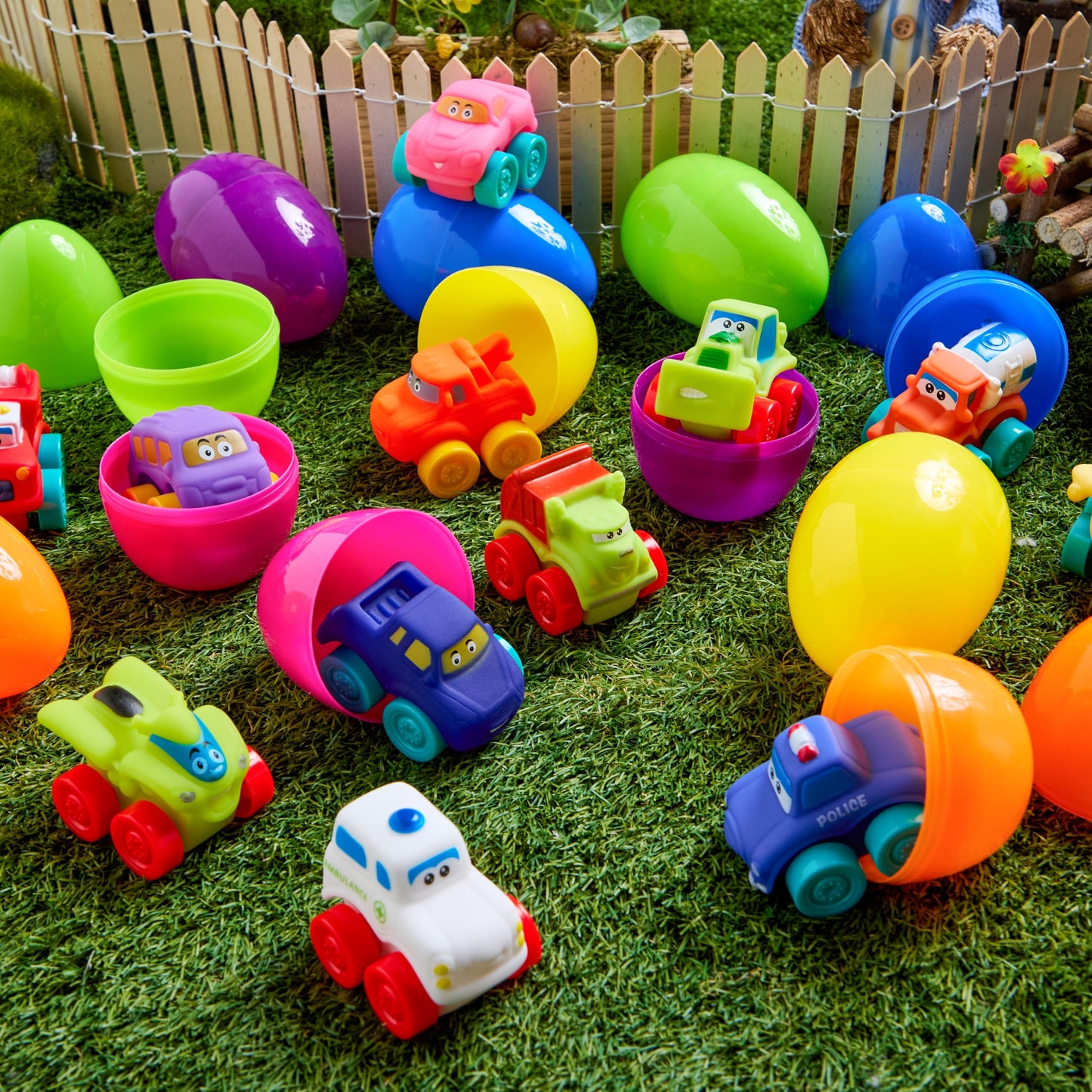 JOYIN 12 Pcs Easter Eggs with Toys, Plastic Eggs with Rubber Cars, Basket Stuffers, Party Favors for Toddlers and Kids, Easter Game, Classroom Prize Supplies