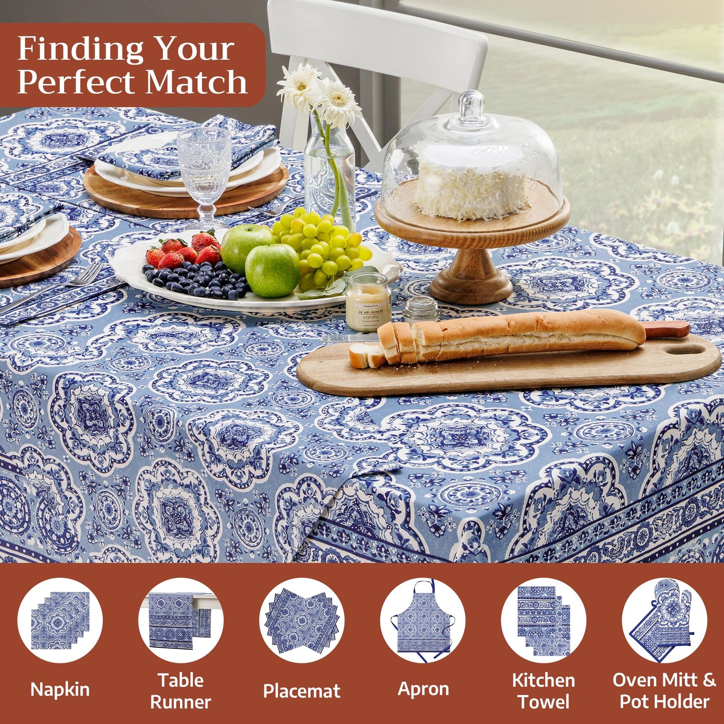 Maison d' Hermine Table Cloth Rectangle Table 100% Cotton 54 x 72 Inches Tablecloth Reusable Decorative for Dining Kitchen Room Farmhouse Party Home Hotel Restaurant Spring Summer - Melodie Bleue