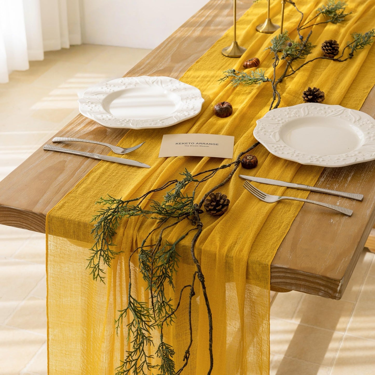 Keketoarrange 10pcs Golden Gauze Rustic Cheesecloth Table Runner 120 Inch 10 FT for Wedding Baby Shower Bridal Shower Birthday Engagement Garden Outdoor Party Long Sheer Boho Decorations