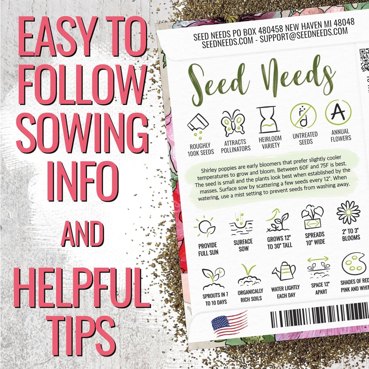 Seed Needs Shirley Mixed Poppy Seeds - 100,000+ Heirloom Papaver Rhoeas | Bulk Double Mixture Blend