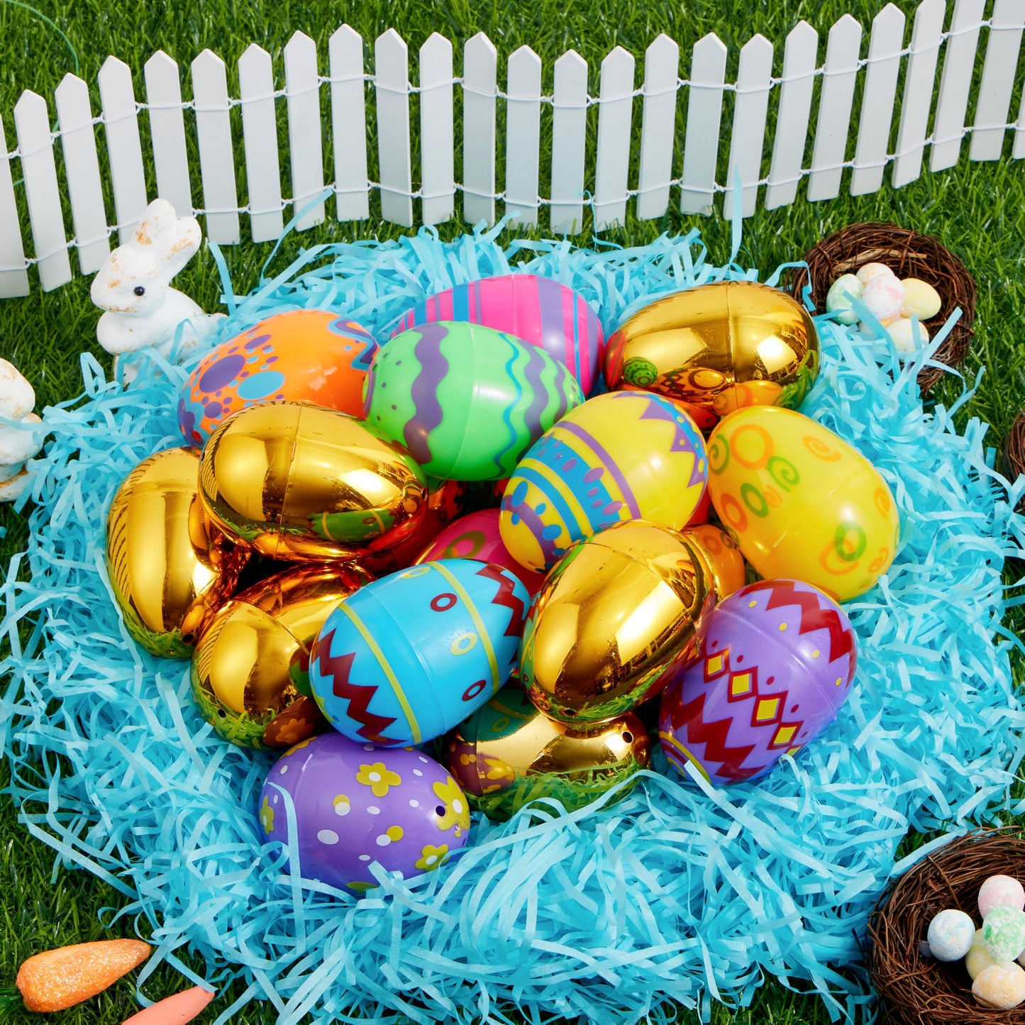 JOYIN 64 Pcs 3.15" Colorful Printed Eggs Include 8 Golden, Plastic Fillable Empty Eggs for Easter Hunt, Basket Stuffer Filler, Classroom Prize, Party Favors