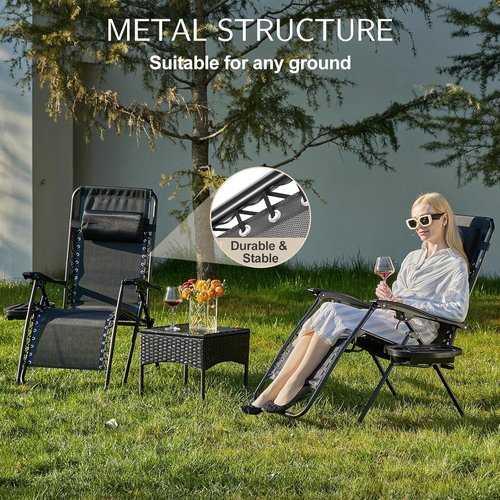 GlasFlength Zero Gravity Lounge Chair Set of 2 - Adjustable Folding Mesh Outdoor Recliners with Pillow & Cup Holders | Black