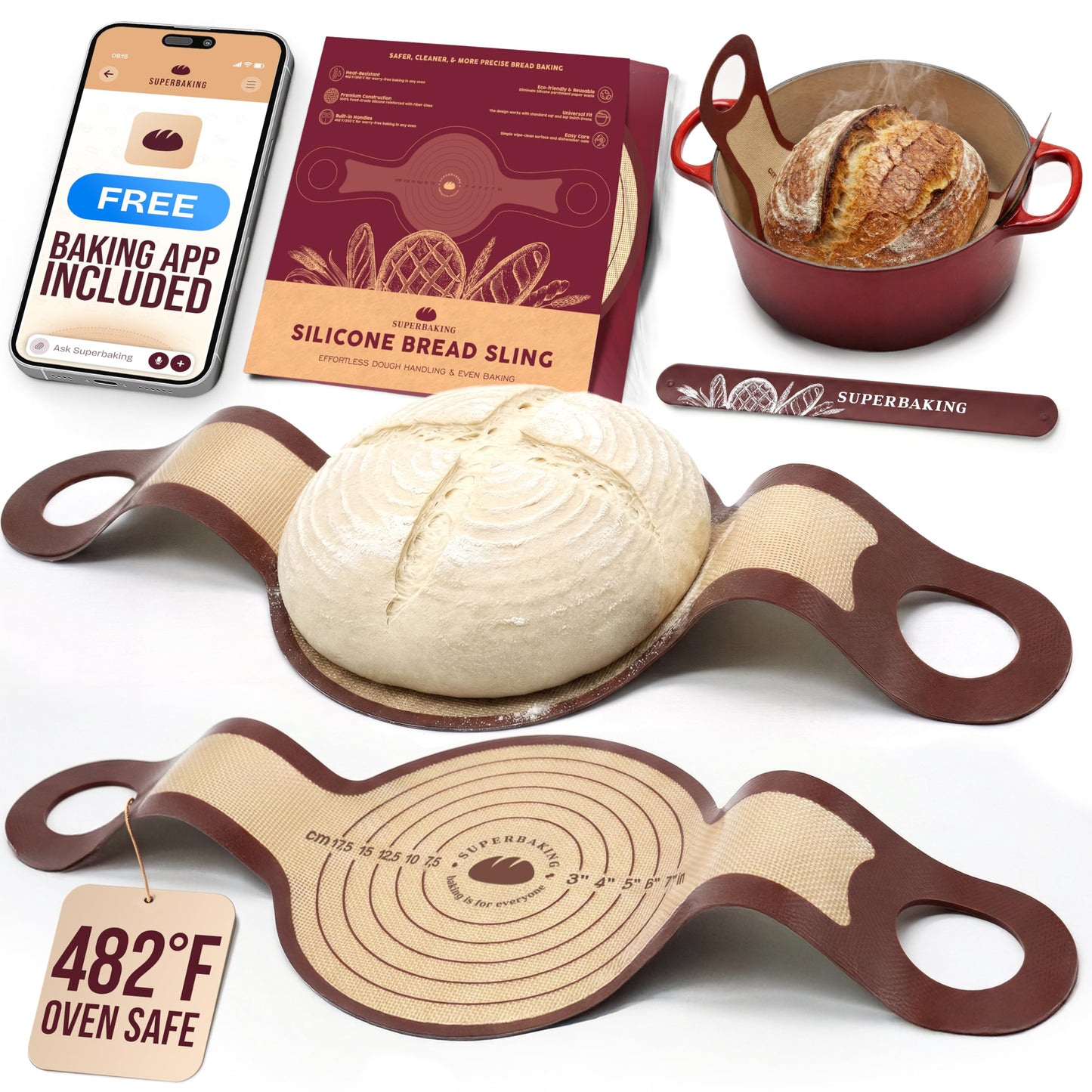Pro Silicone Bread Sling 2 Pcs - 9in set of 2 Round 482F Heat Resistant Dough Lifter, Non-Stick Dutch Oven Liners, Long Handles, Reusable Sourdough Bread Baking Supplies, Sourdough Gifts